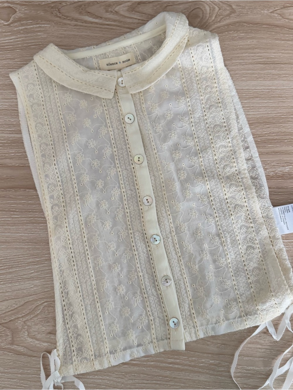Silence + Noise Small Floral Lace Top Sleeveless Side Tied Sheer Coquette Ivory